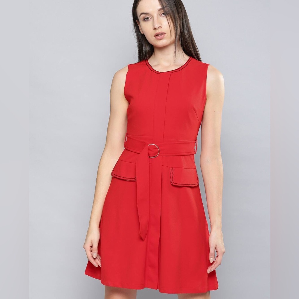 NWT - NUSH by ANUSHKA SHARMA Red A-line Sleeveless Flared Mini Dress with Belt - Picture 3 of 15